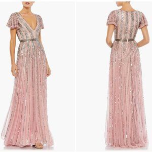 MAC DUGGAL STRIPE SEQUIN EMBELLISHED ROSE EVENING BALL-GOWN sz 14